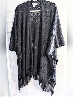 Nwot Nine West Black Crochet Fringe Kimono Knit Wrap Shawl Cover Up